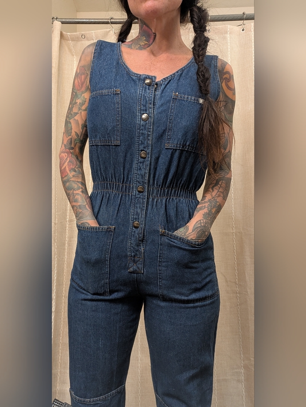 Vintages Women's Dark Blue Denim Jumpsuit Jeans - Sleeveless Button Front
